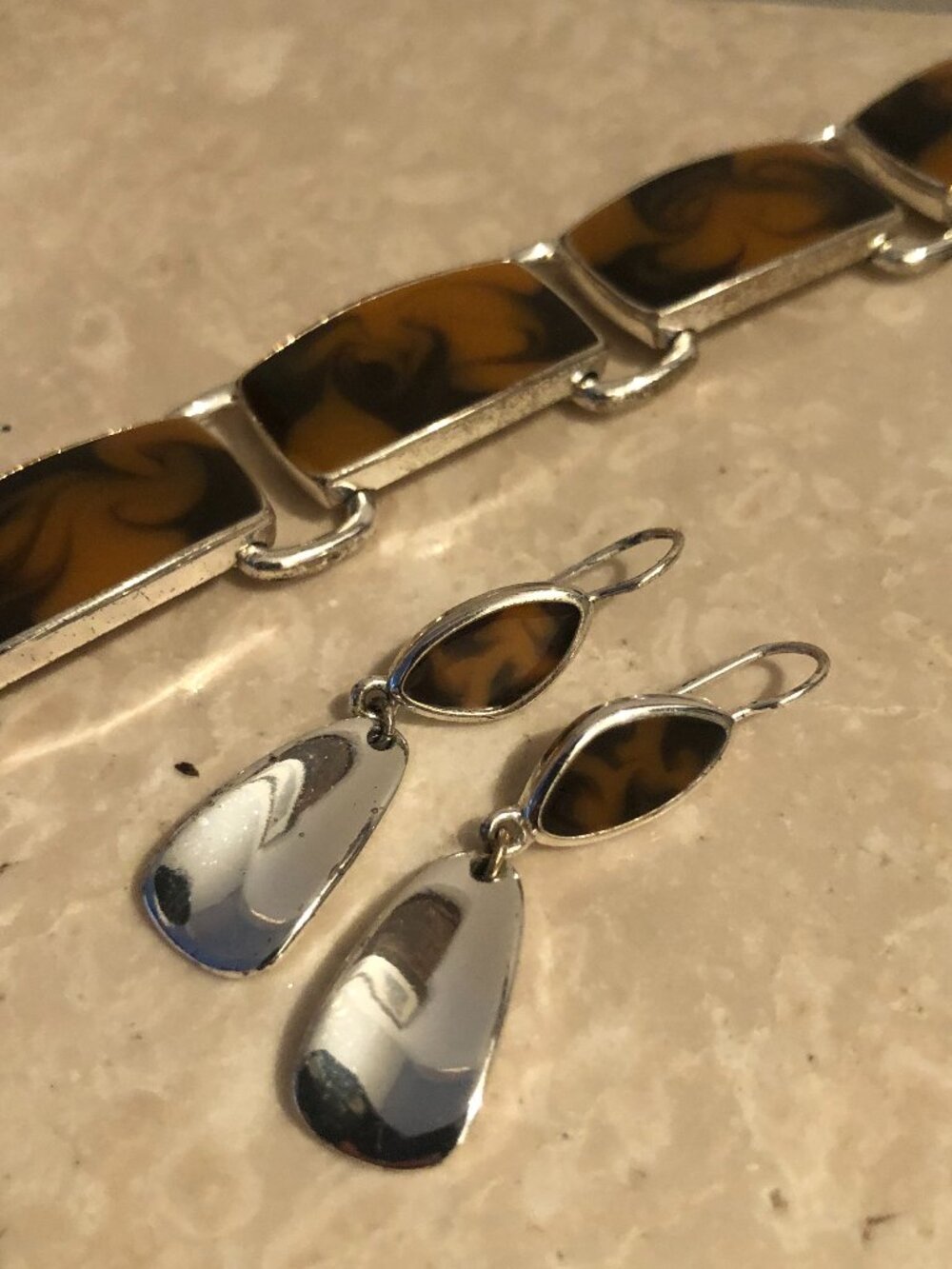 Vintage 90's Silver Tiger Camel & Black Bracelet & Earring Set